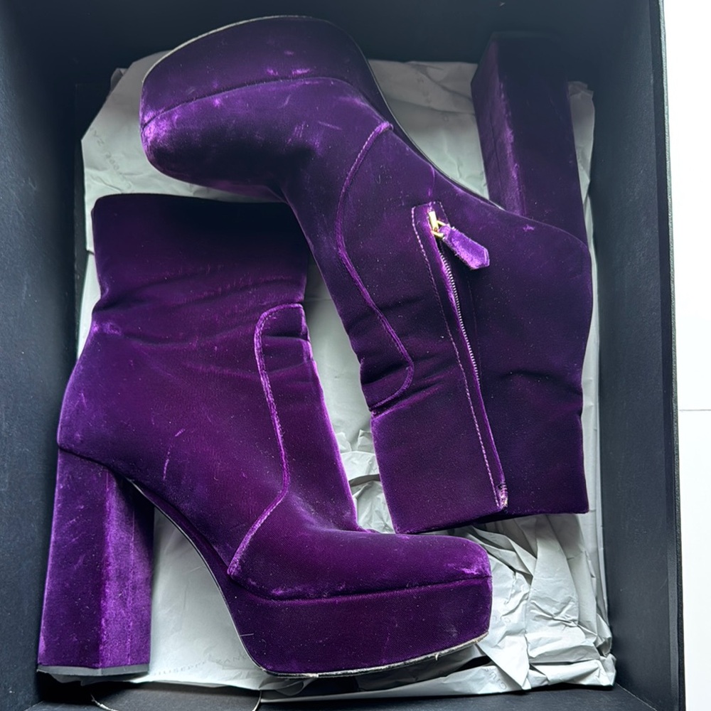 Prada Purple Heeled Platform Velvet Boots 37.5 7 1/2